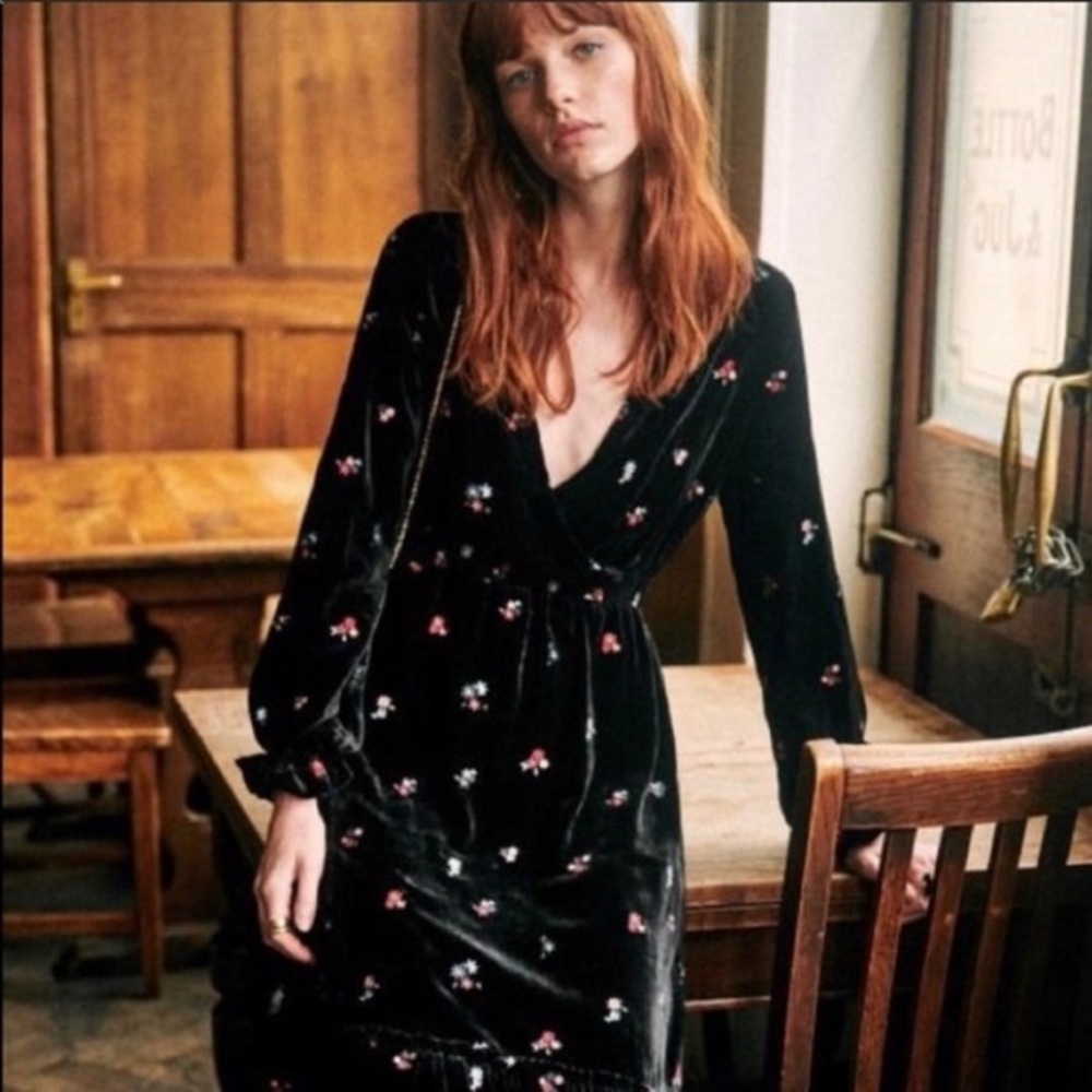 Sezane Titiane Dress Black Velvet 34Fr US4